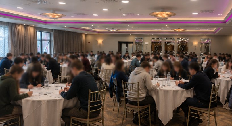 A hall full of students working through problems at a mathematics competition