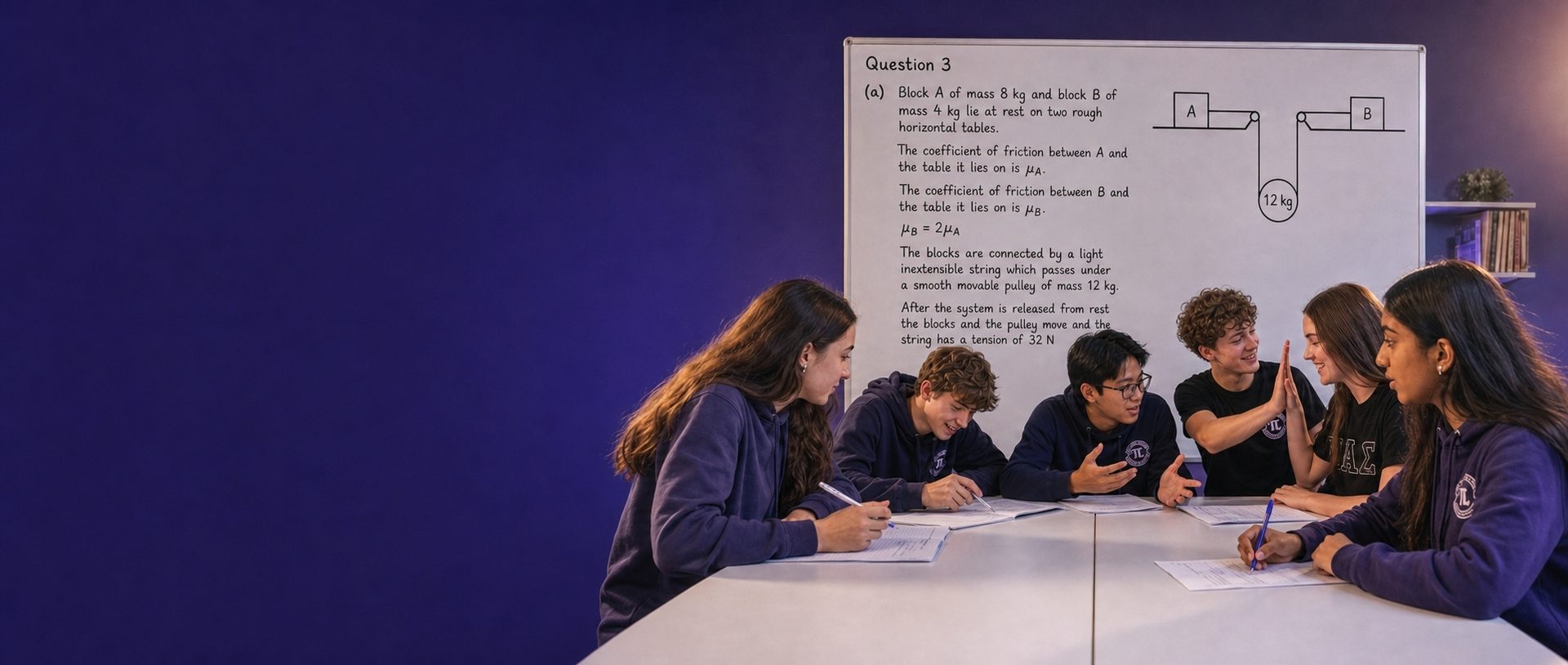 Students working together on an applied mathematics problem at a whiteboard
